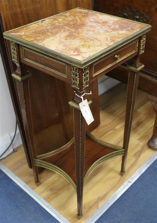 A Louis XVI style mahogany and purple heart gueridan with rouge marble top over frieze drawer, 78cm high